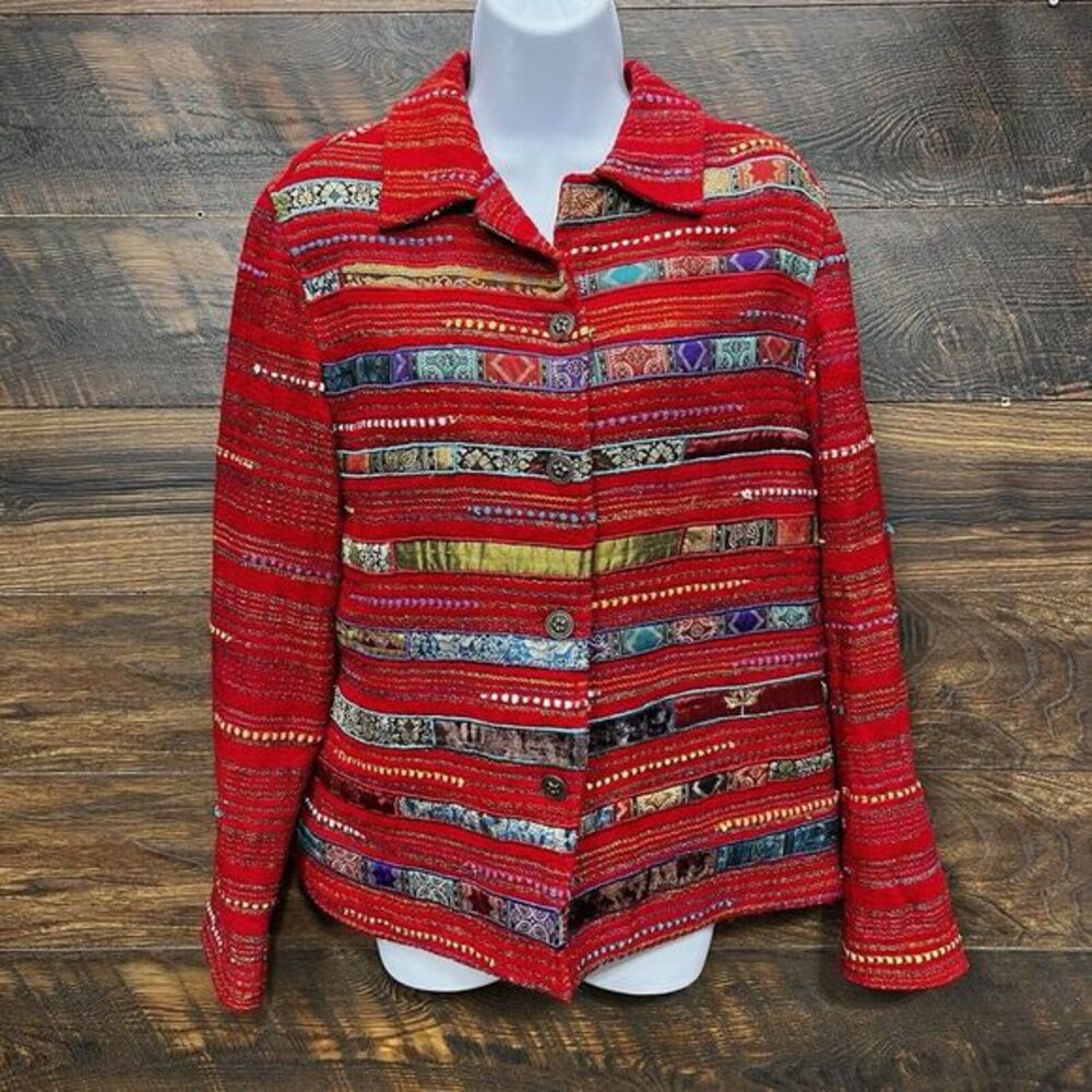 Vintage Coldwater Creek Red Jacket Mixed Media Medium Artsy‎ Patchwork Tapestry